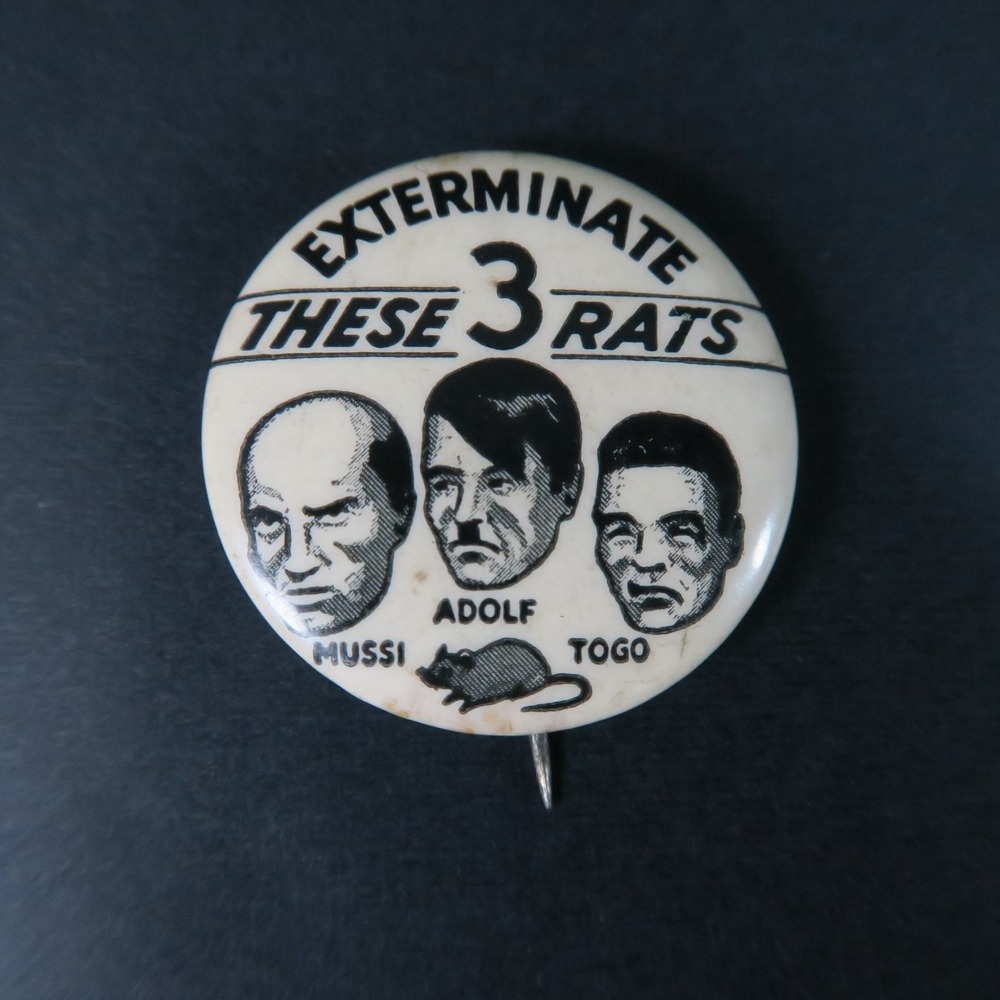 Vintage WW II Anti-Axis Propaganda Pinback Button Exterminate These 3 Rats